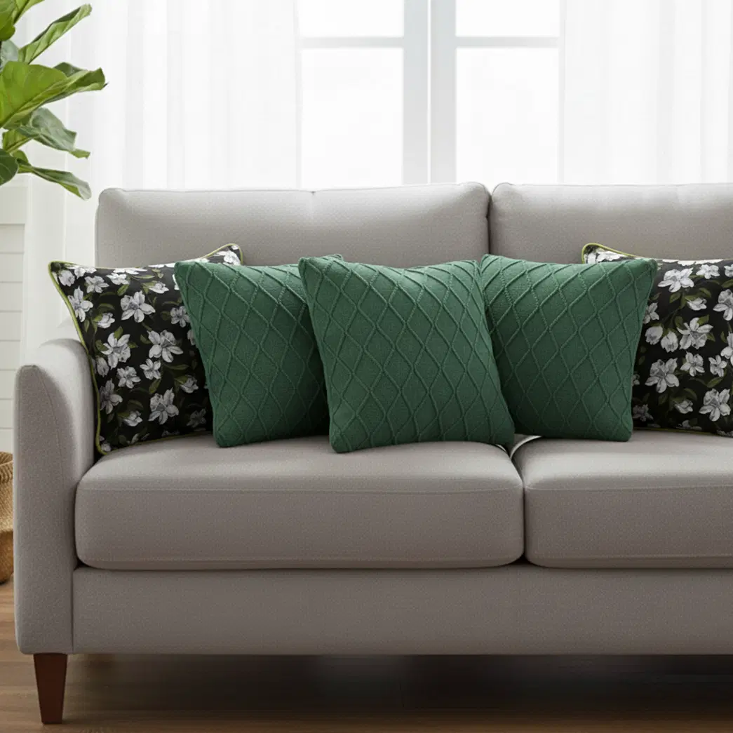 SOGA 5PC Pillow Cover Set – 2x 45cm Black Floral with Green Trim & 3x 45cm Forest Green Diamond Knit Covers