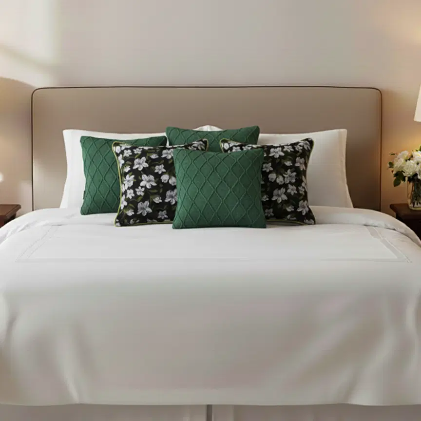 SOGA 5PC Pillow Cover Set – 2x 45cm Black Floral with Green Trim & 3x 45cm Forest Green Diamond Knit Covers