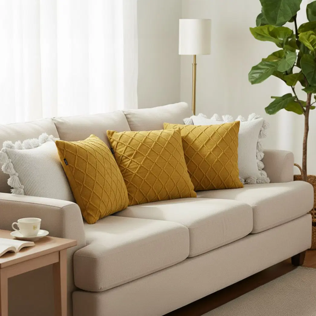 SOGA 5PC Pillowcases – Sunshine Yellow Diamond Knit & White Pom-Pom Pillow Covers for Bright Sofa & Bed Décor