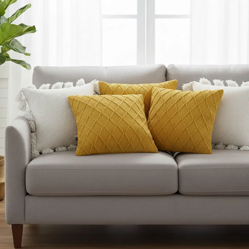 SOGA 5PC Pillowcases – Sunshine Yellow Diamond Knit & White Pom-Pom Pillow Covers for Bright Sofa & Bed Décor