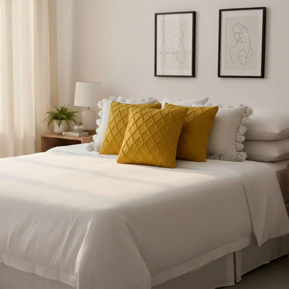 SOGA 5PC Pillowcases – Sunshine Yellow Diamond Knit & White Pom-Pom Pillow Covers for Bright Sofa & Bed Décor