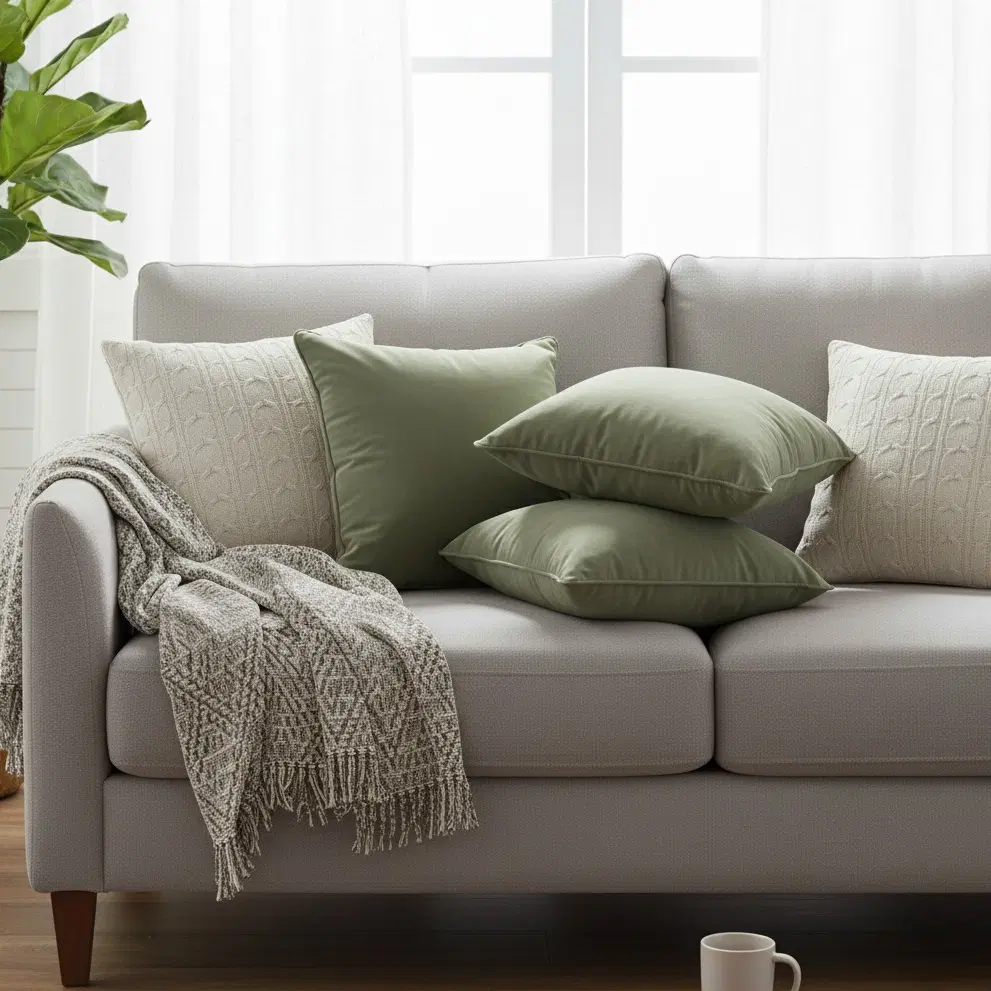 SOGA 5PC Sage Green Velvet Pillowcases & Cream Cable Knit Covers for Sofa Décor
