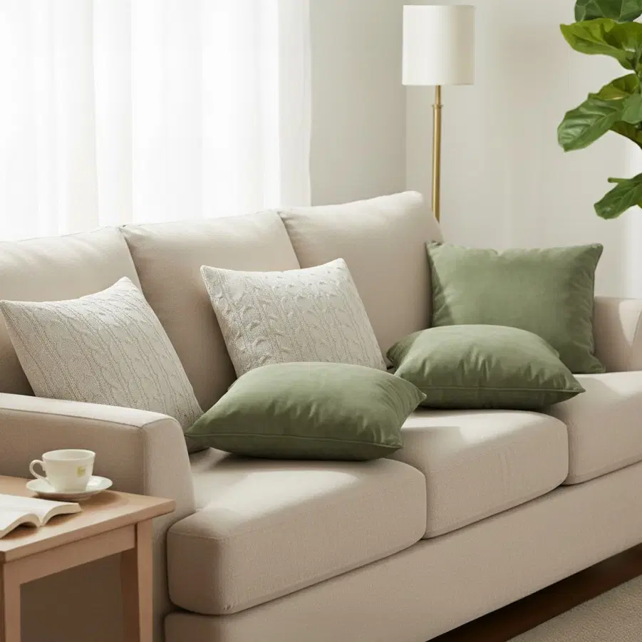 SOGA 5PC Sage Green Velvet Pillowcases & Cream Cable Knit Covers for Sofa Décor