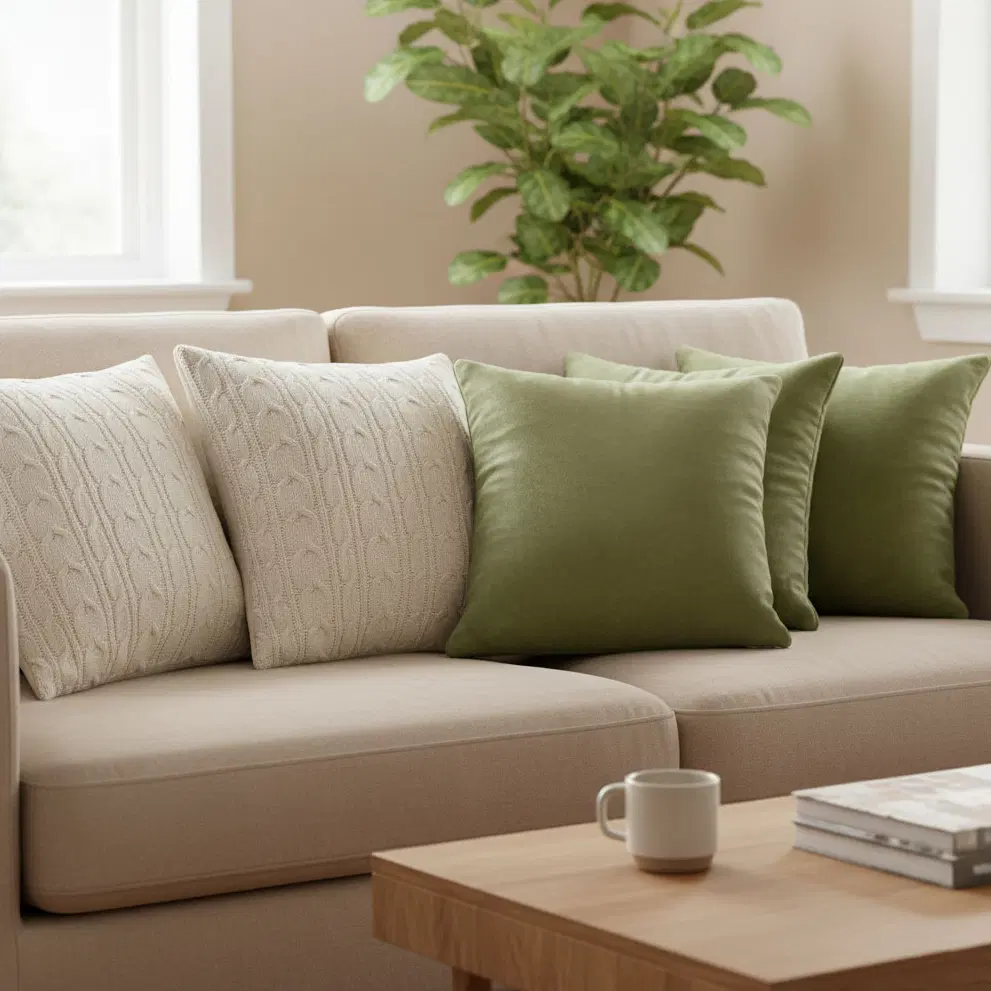 SOGA 5PC Sage Green Velvet Pillowcases & Cream Cable Knit Covers for Sofa Décor
