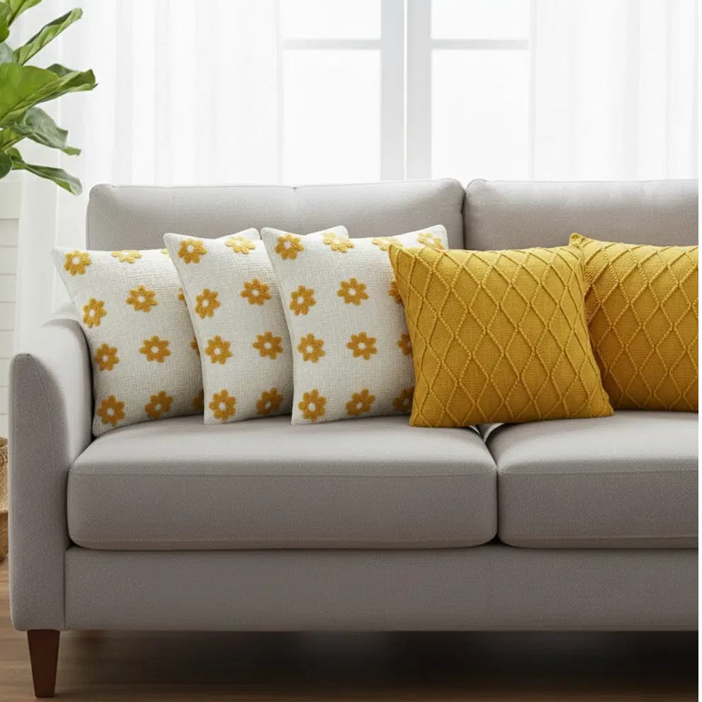 SOGA 5PC Sunshine Yellow Diamond Knit & Retro Daisy Chain Pillow Cover Set