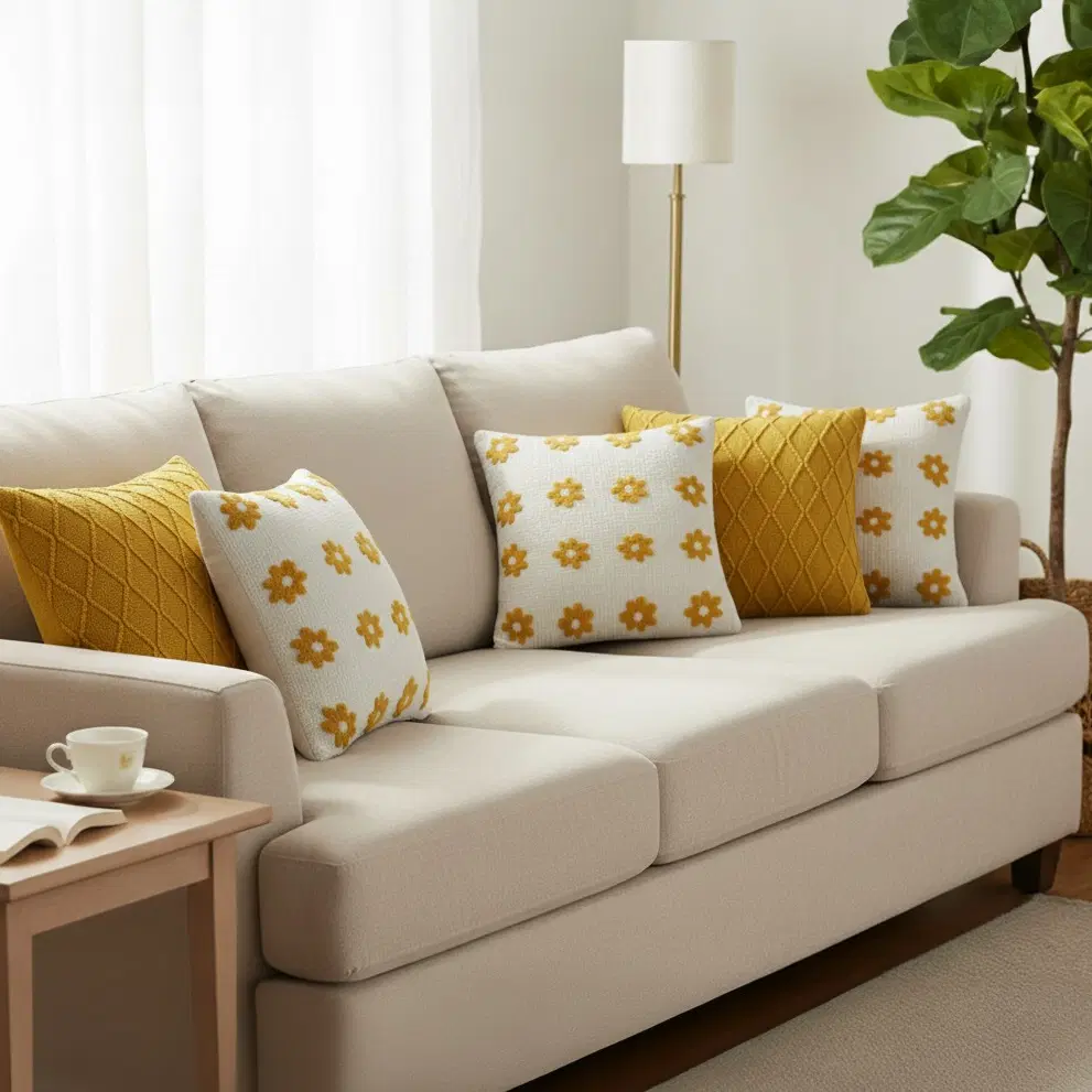SOGA 5PC Sunshine Yellow Diamond Knit & Retro Daisy Chain Pillow Cover Set