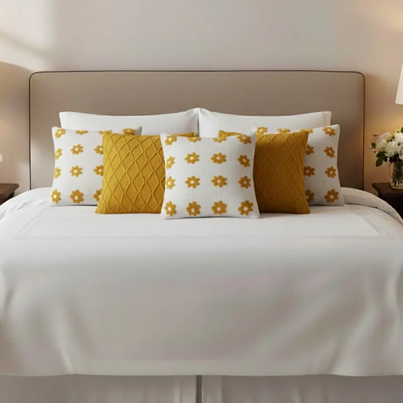 SOGA 5PC Sunshine Yellow Diamond Knit & Retro Daisy Chain Pillow Cover Set