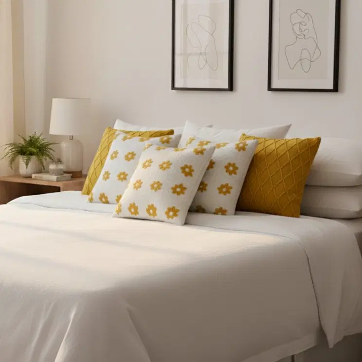 SOGA 5PC Sunshine Yellow Diamond Knit & Retro Daisy Chain Pillow Cover Set