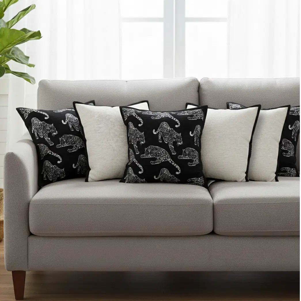 SOGA 6PC 3x 45cm Bold Panther Black & 3x 45cm Minimalist Cream Pillowcases with Black Piping – Modern Pillow cover Set