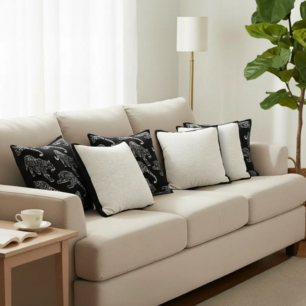 SOGA 6PC 3x 45cm Bold Panther Black & 3x 45cm Minimalist Cream Pillowcases with Black Piping – Modern Pillow cover Set
