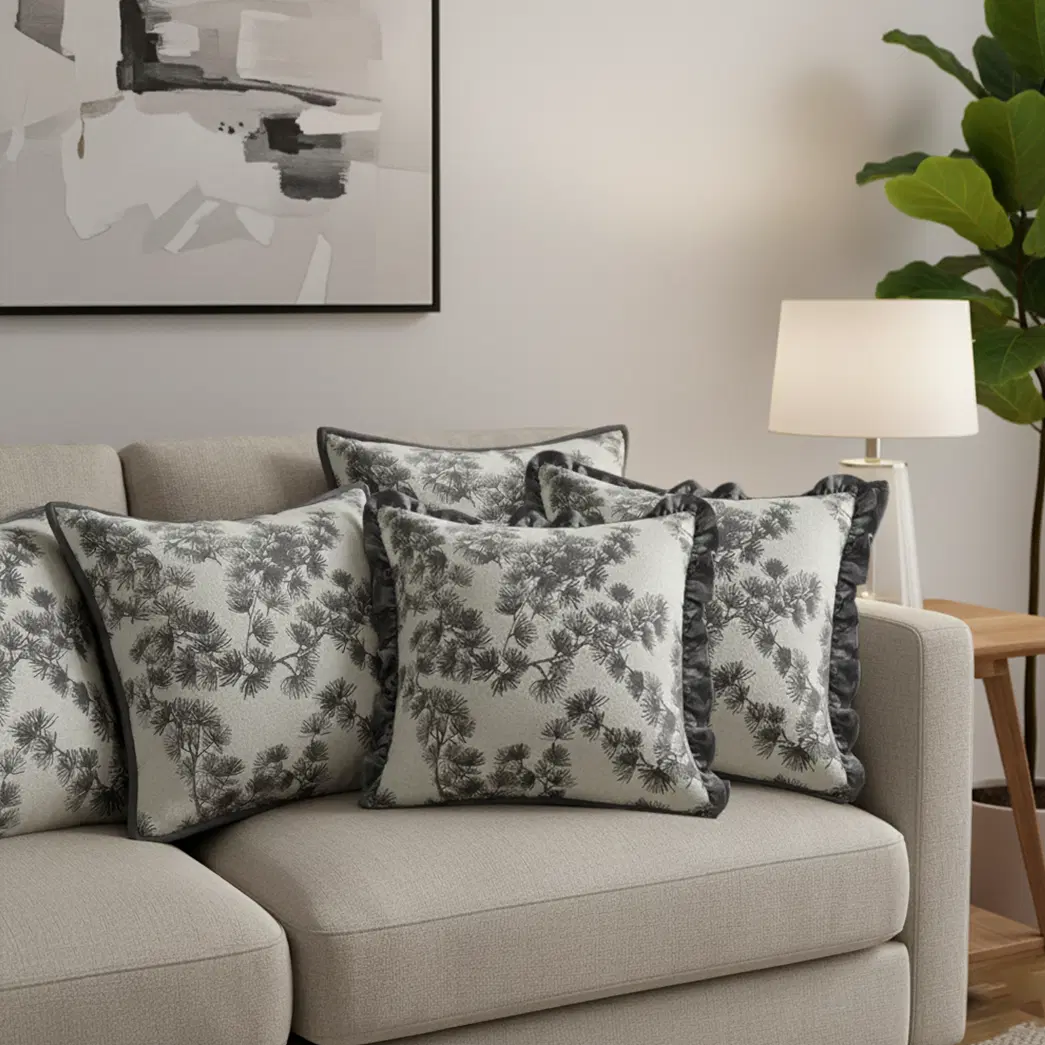 SOGA 6PC 45cm Gray Floral Pillowcase Set with Ruffle Trim & Dark Gray Design – Decorative pillow Covers
