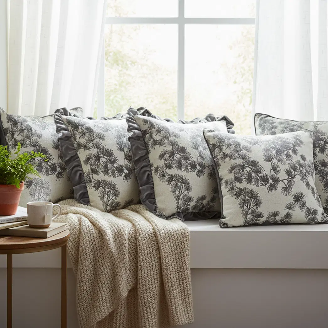 SOGA 6PC 45cm Gray Floral Pillowcase Set with Ruffle Trim & Dark Gray Design – Decorative pillow Covers