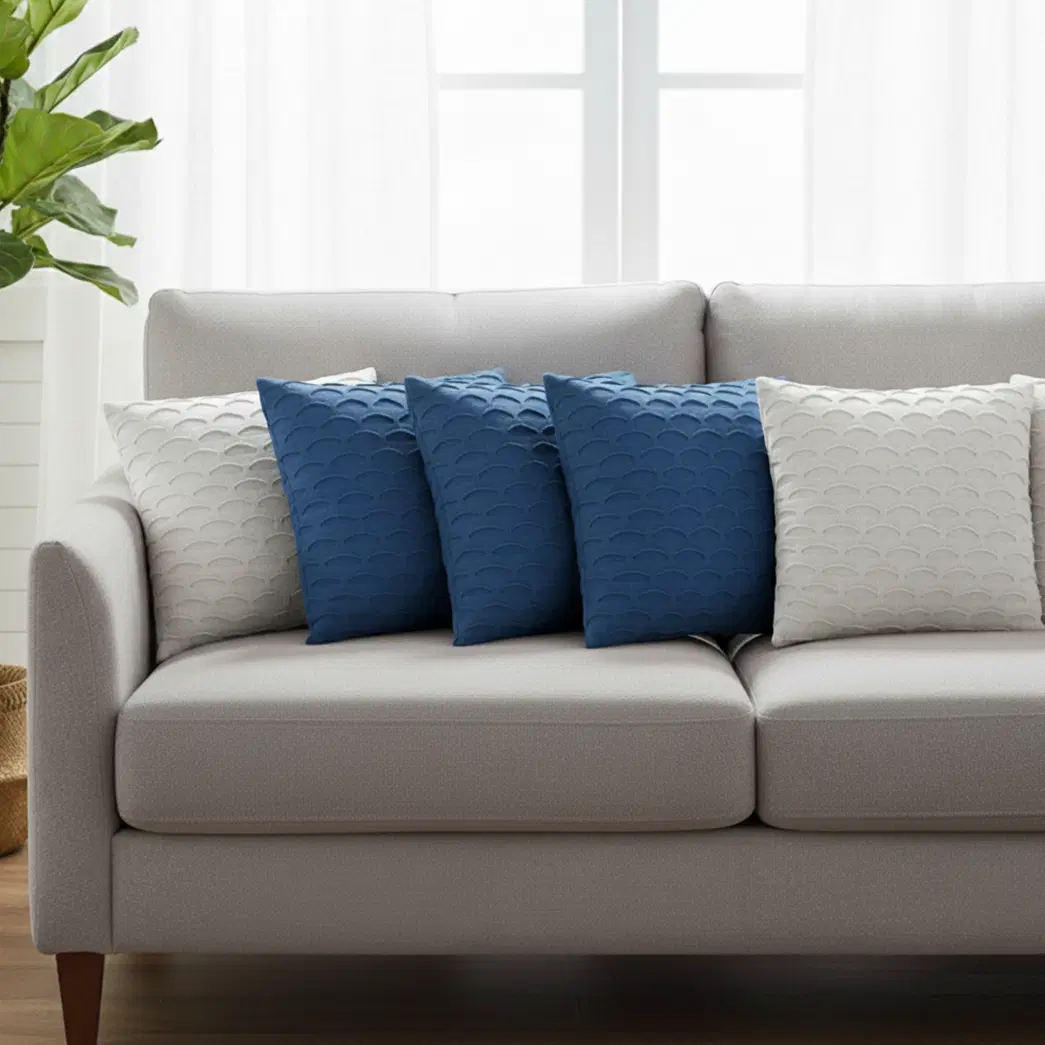 SOGA 6PC 45cm Scalloped Wave Pillow Cover Set – Navy Blue & White