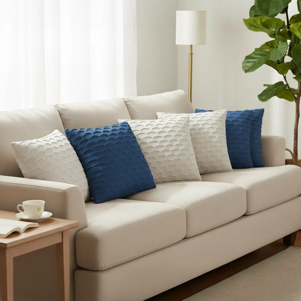 SOGA 6PC 45cm Scalloped Wave Pillow Cover Set – Navy Blue & White