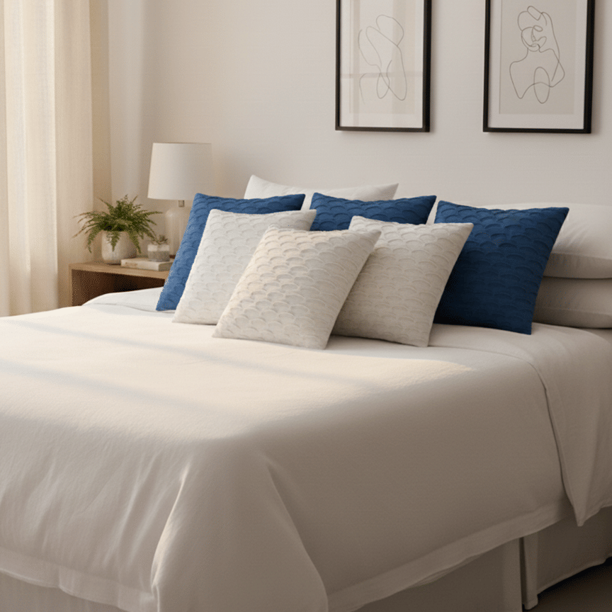 SOGA 6PC 45cm Scalloped Wave Pillow Cover Set – Navy Blue & White