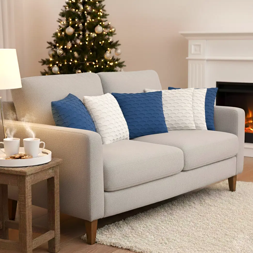 SOGA 6PC 45cm Scalloped Wave Pillow Cover Set – Navy Blue & White