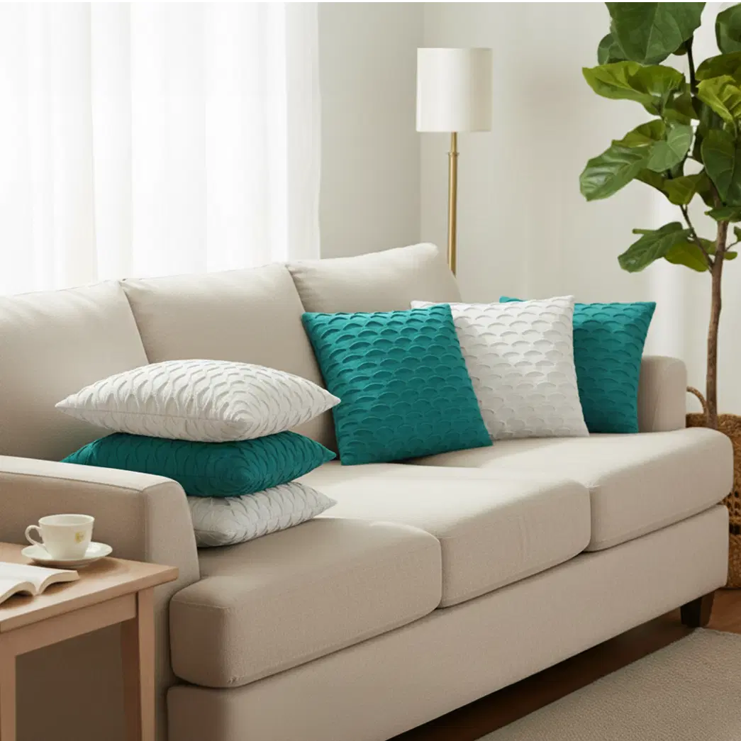 SOGA 6PC 45cm Scalloped Wave Pillow Cover Set – Teal Green & White