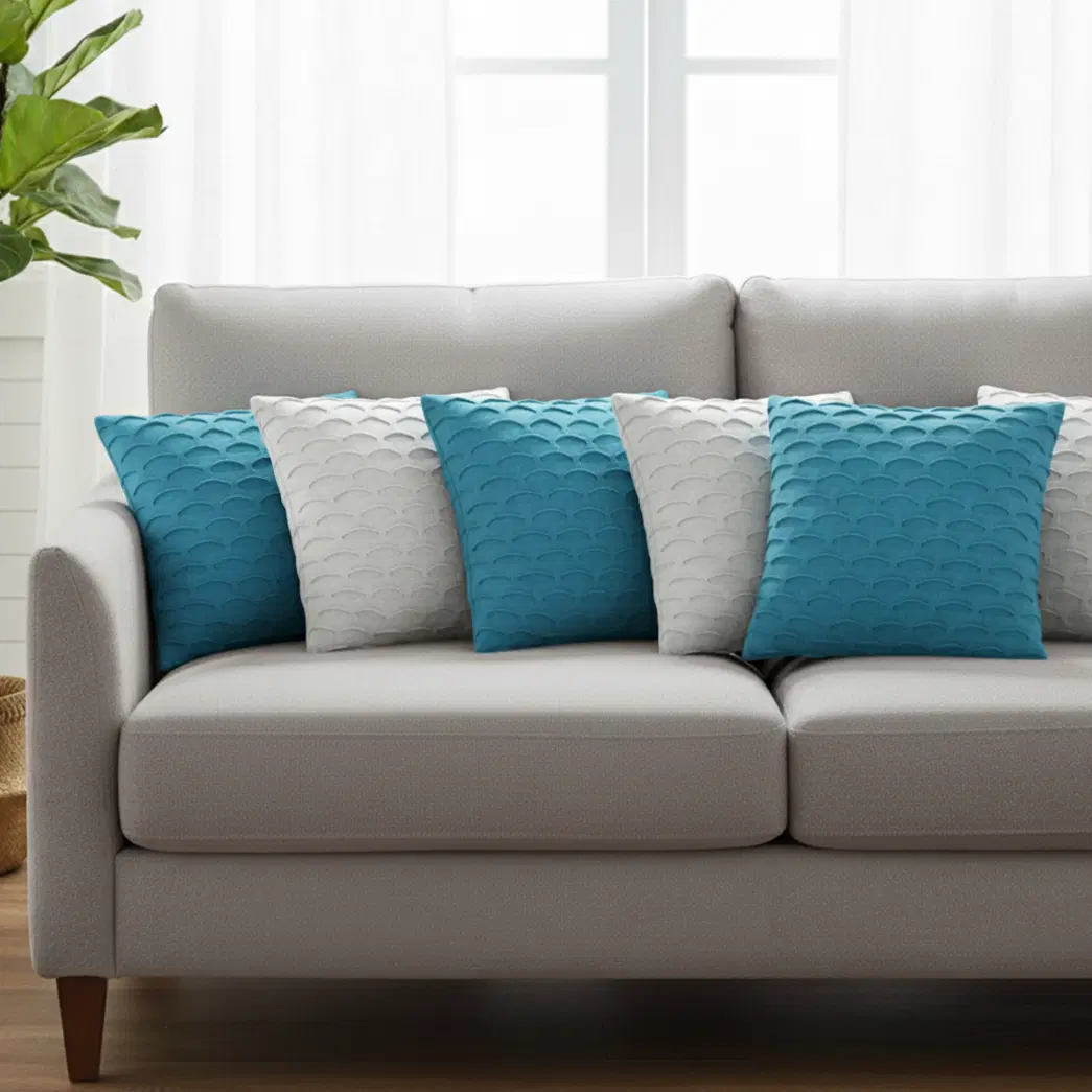 SOGA 6PC 45cm Scalloped Wave Pillow Cover Set – Turquoise Blue & White