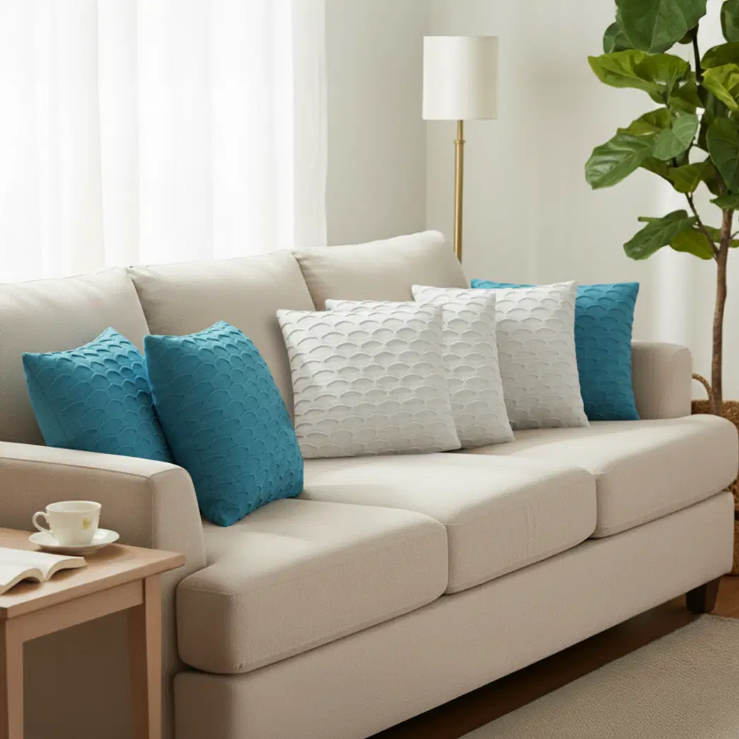 SOGA 6PC 45cm Scalloped Wave Pillow Cover Set – Turquoise Blue & White