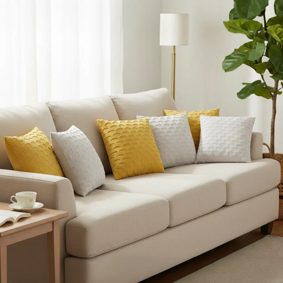 SOGA 6PC 45cm Scalloped Wave Pillow Cover Set – White & Sunshine Yellow