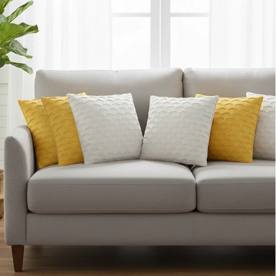 SOGA 6PC 45cm Scalloped Wave Pillow Cover Set – White & Sunshine Yellow