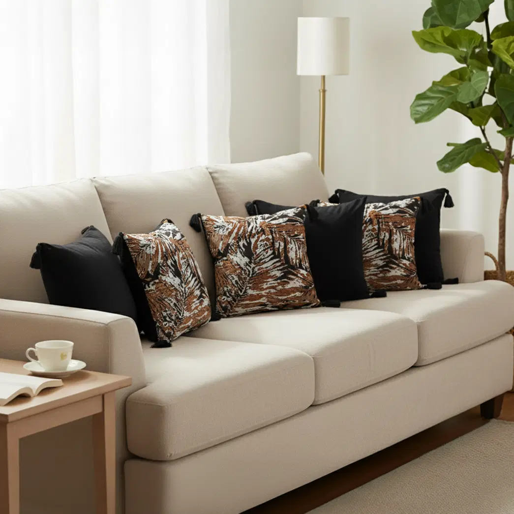 SOGA 6PC 45cm Velvet Leaf & Black Geometric Pillow Cover Set with Tassels