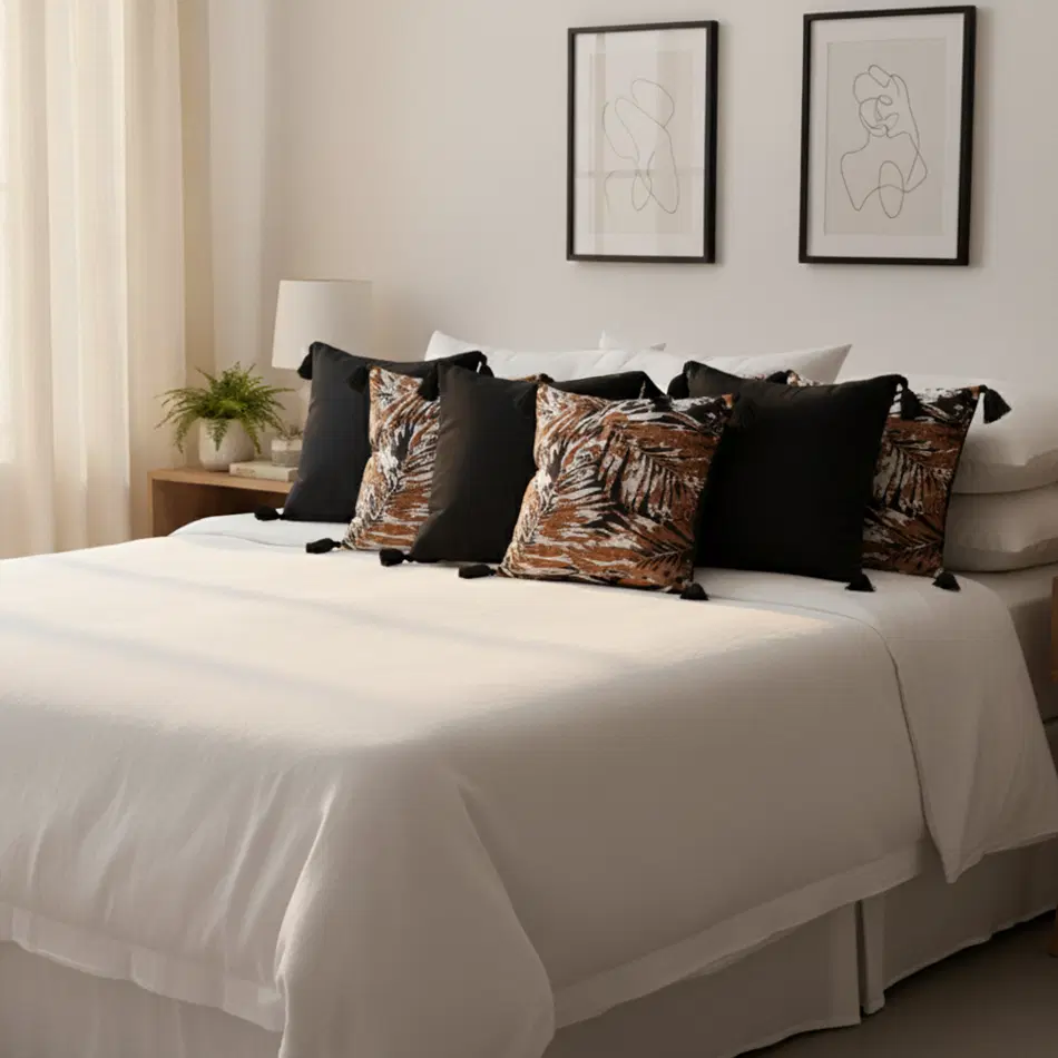 SOGA 6PC 45cm Velvet Leaf & Black Geometric Pillow Cover Set with Tassels