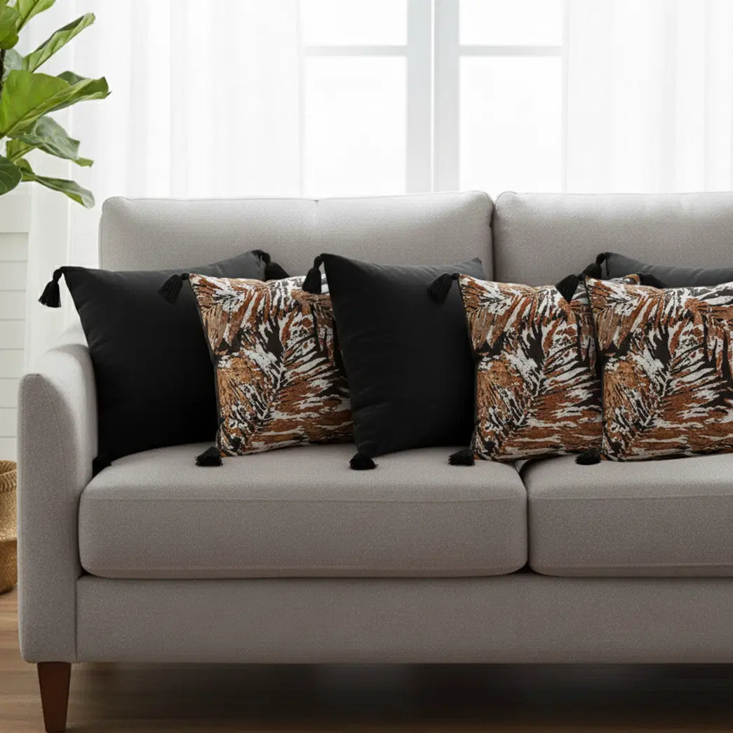 SOGA 6PC 45cm Velvet Leaf & Black Geometric Pillow Cover Set with Tassels