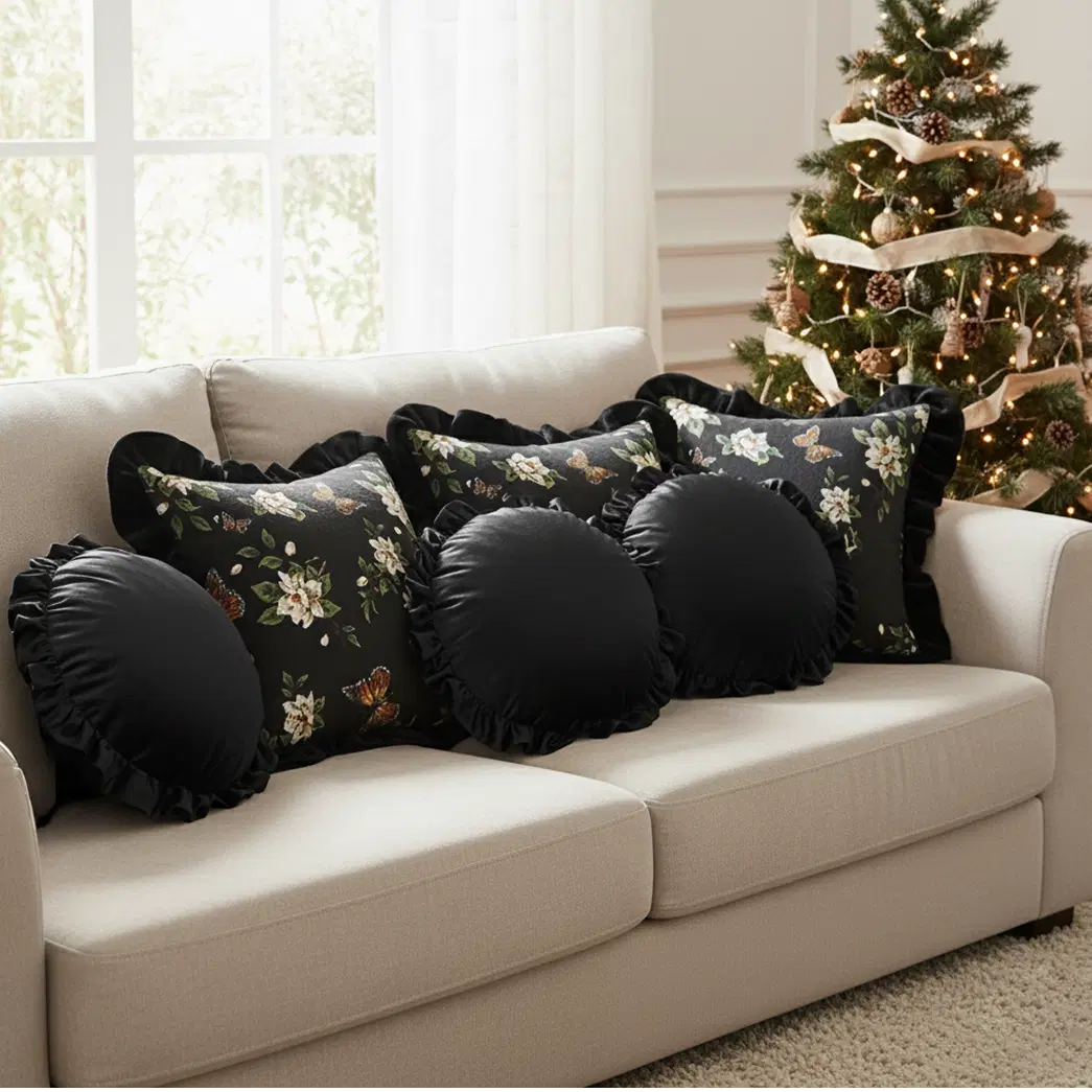 SOGA 6PC 45cm Vintage Black Square & Lotus Edge Round Pillow Cover Set