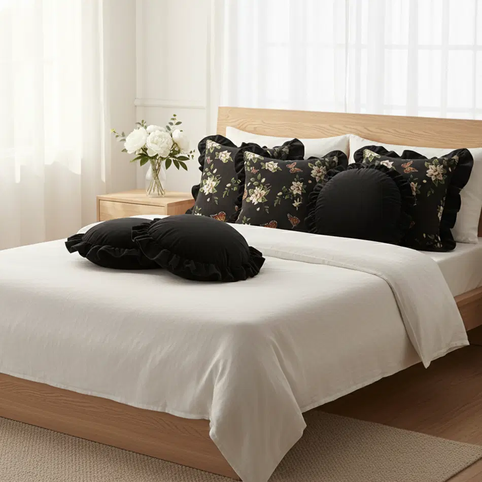 SOGA 6PC 45cm Vintage Black Square & Lotus Edge Round Pillow Cover Set