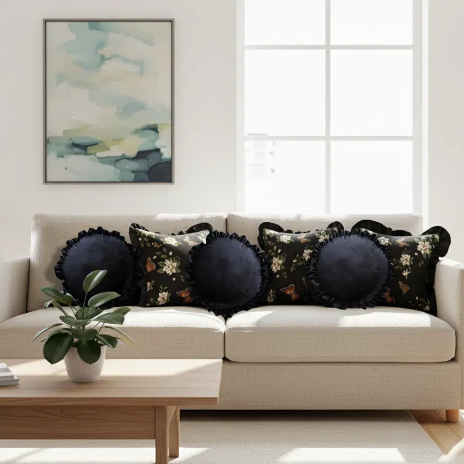 SOGA 6PC 45cm Vintage Black Square & Lotus Edge Round Pillow Cover Set