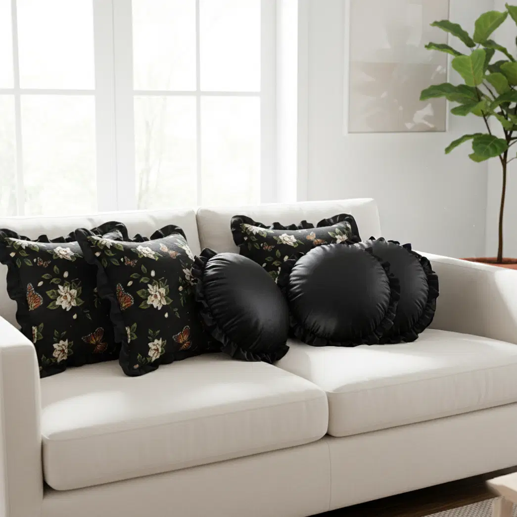 SOGA 6PC 45cm Vintage Black Square & Lotus Edge Round Pillow Cover Set