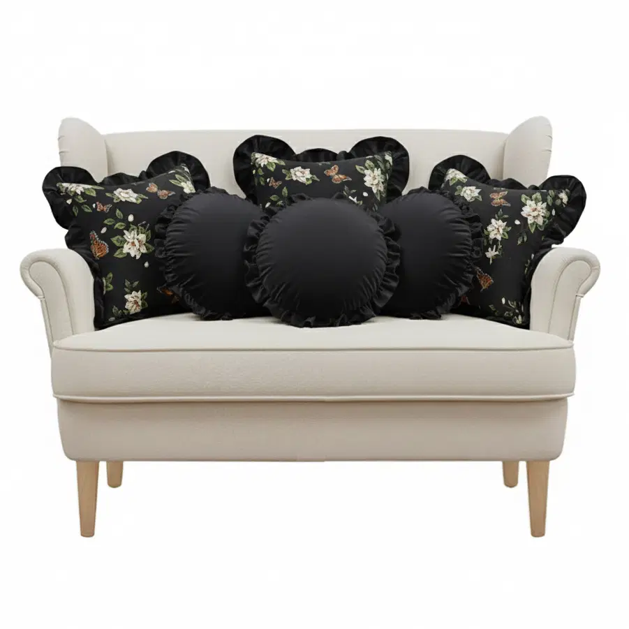 SOGA 6PC 45cm Vintage Black Square & Lotus Edge Round Pillow Cover Set