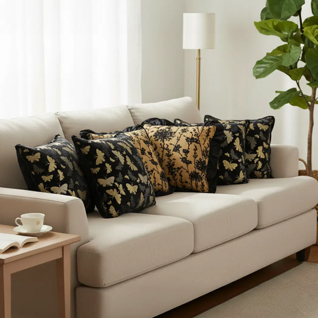 SOGA 6PC Luxury Decorative Pillowcase Set – Vintage Butterfly & Black Gold Floral Velvet Covers (45cm)