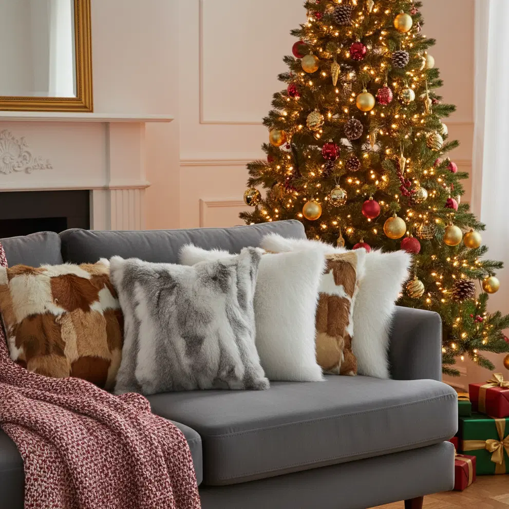 SOGA 6PC Pillow case Set – 45cm Cowhide Patchwork, Pure White Textured & Premium White Faux Fur pillow Covers