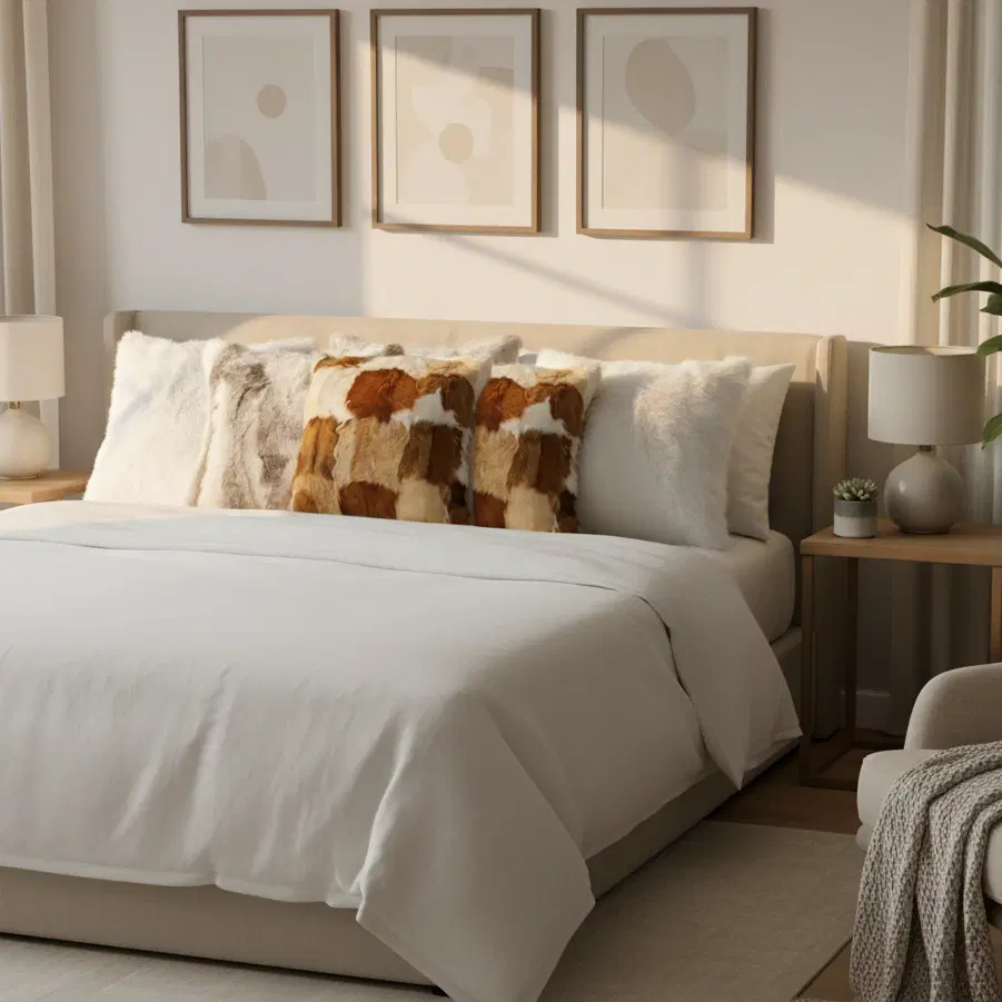 SOGA 6PC Pillow case Set – 45cm Cowhide Patchwork, Pure White Textured & Premium White Faux Fur pillow Covers