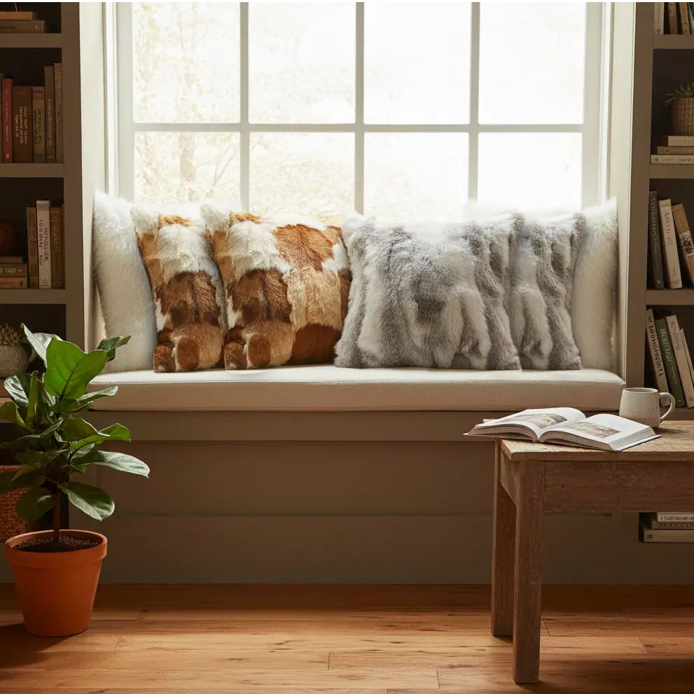 SOGA 6PC Pillow case Set – 45cm Cowhide Patchwork, Pure White Textured & Premium White Faux Fur pillow Covers