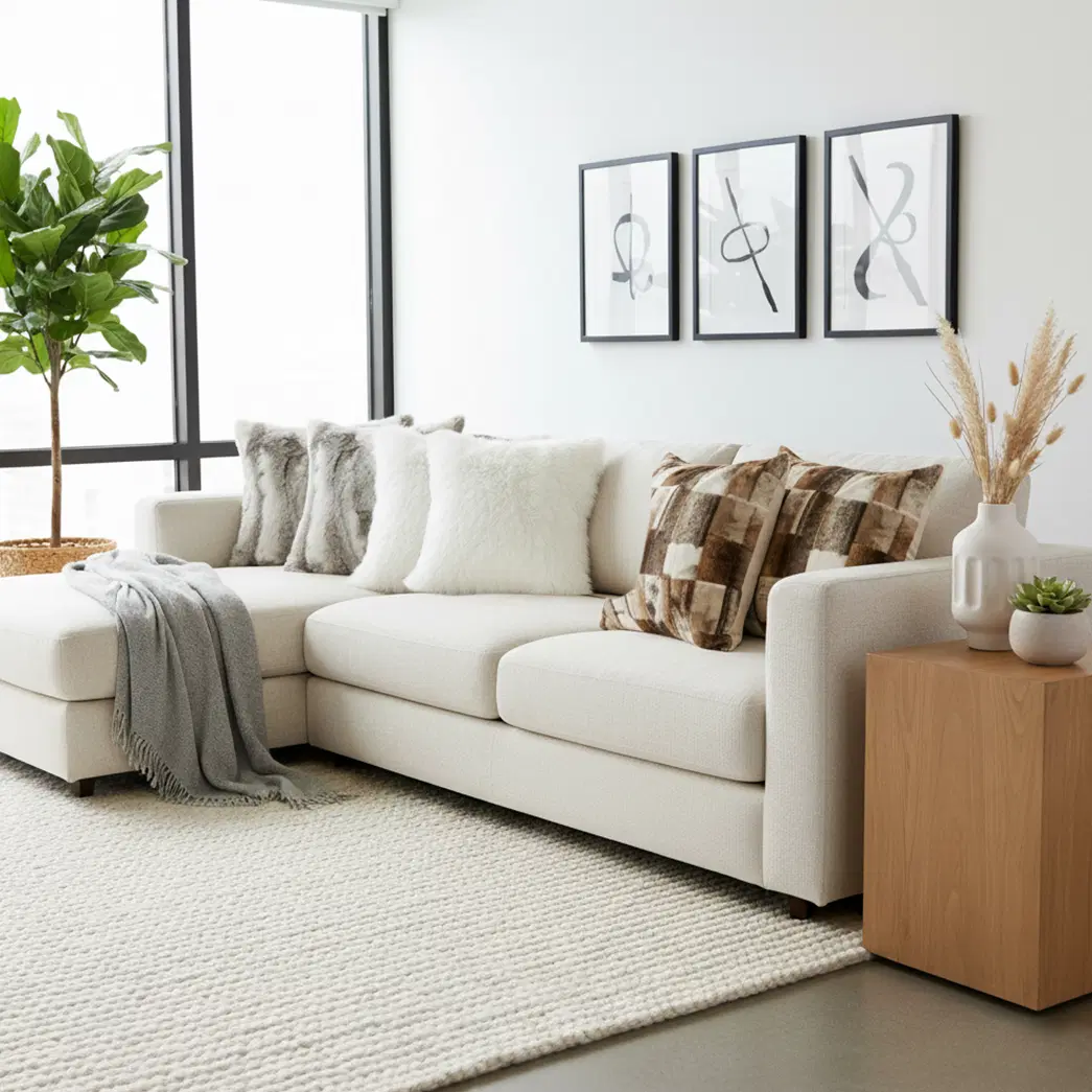 SOGA 6PC Pillow case Set – 45cm Cowhide Patchwork, Pure White Textured & Premium White Faux Fur pillow Covers