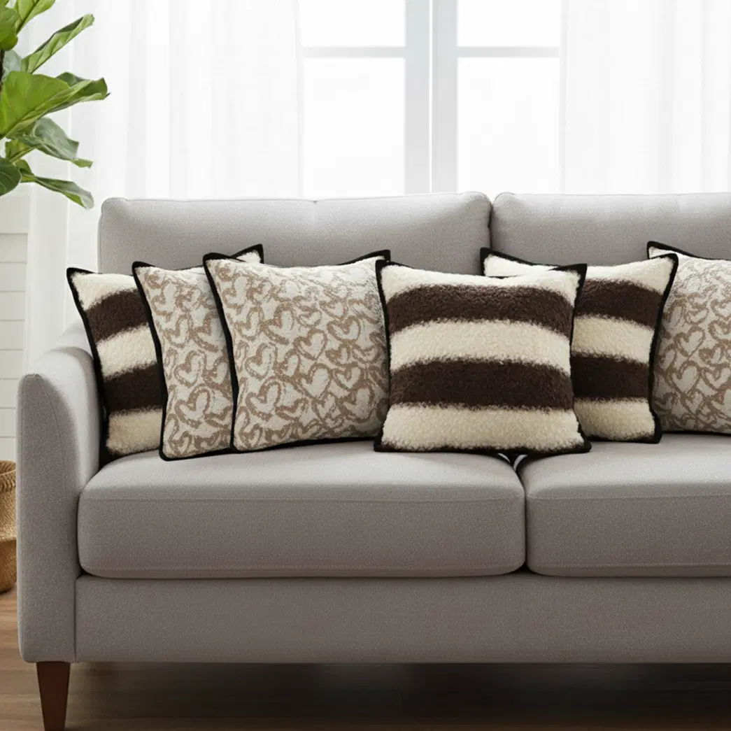 SOGA 6PC Pillowcase Set – 3x Heart Patterned Off-White with Black Trim & 3x Brown Cream Striped Bouclé Pillow Covers