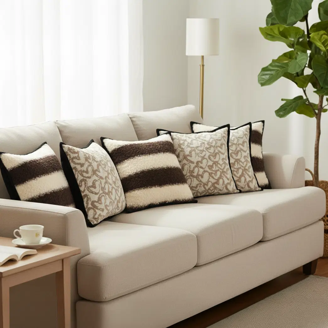 SOGA 6PC Pillowcase Set – 3x Heart Patterned Off-White with Black Trim & 3x Brown Cream Striped Bouclé Pillow Covers
