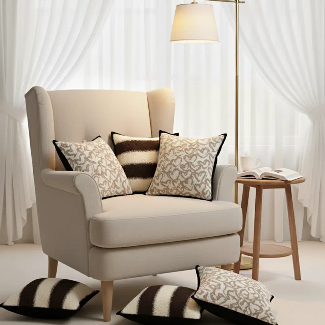 SOGA 6PC Pillowcase Set – 3x Heart Patterned Off-White with Black Trim & 3x Brown Cream Striped Bouclé Pillow Covers