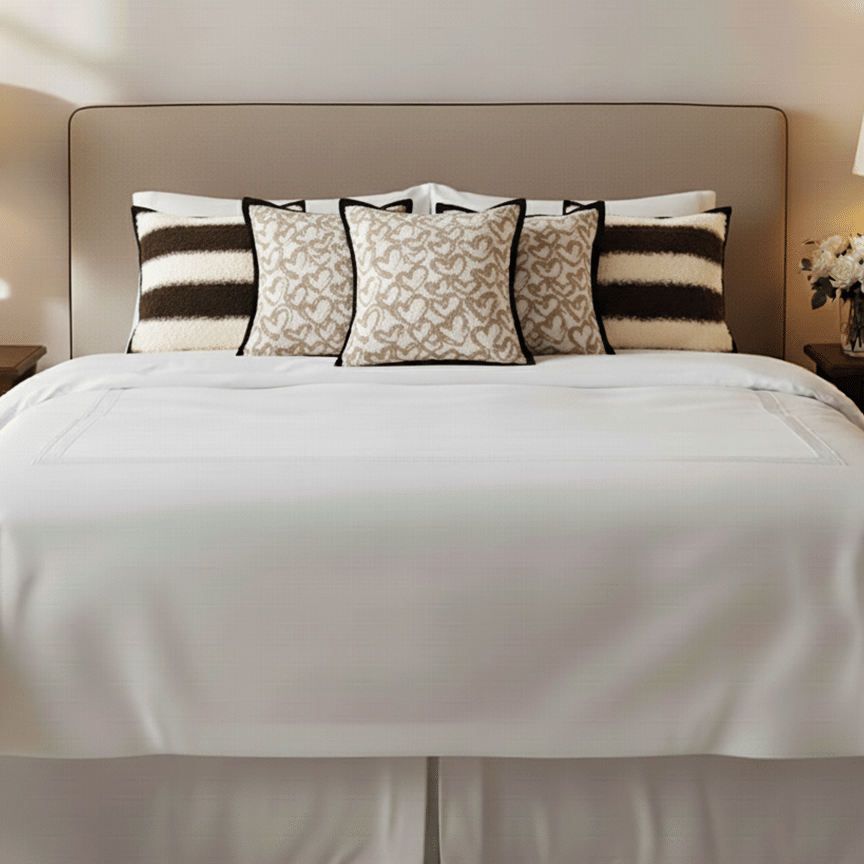 SOGA 6PC Pillowcase Set – 3x Heart Patterned Off-White with Black Trim & 3x Brown Cream Striped Bouclé Pillow Covers