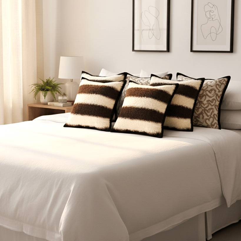 SOGA 6PC Pillowcase Set – 3x Heart Patterned Off-White with Black Trim & 3x Brown Cream Striped Bouclé Pillow Covers