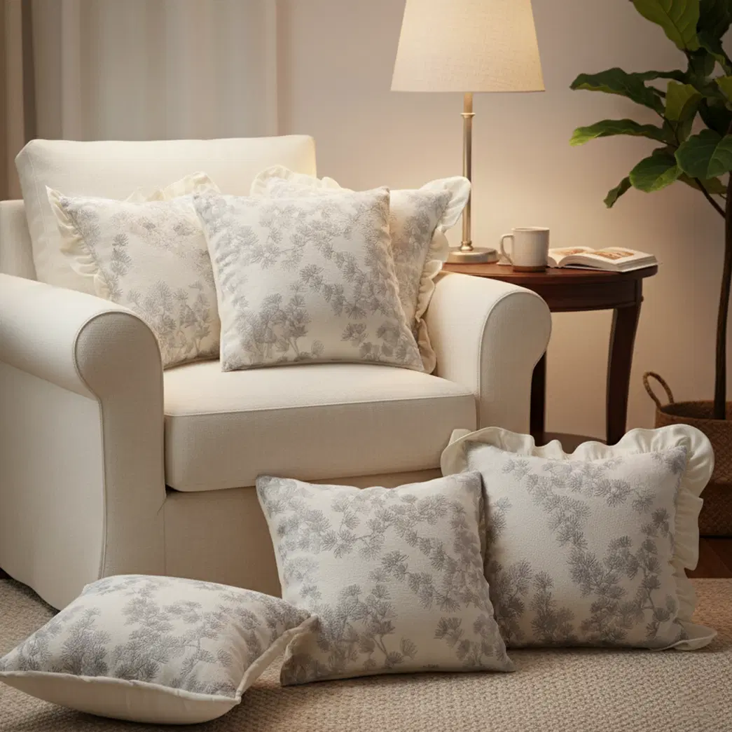 SOGA 6PC Pillowcase Set – 3x White Floral Ruffle Trim & 3x Gray Floral Decorative Pillow Covers (45cm)