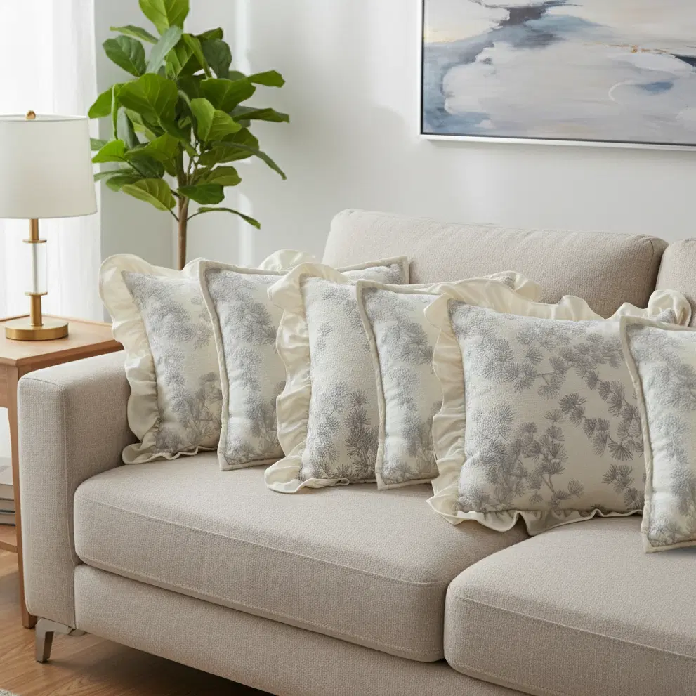 SOGA 6PC Pillowcase Set – 3x White Floral Ruffle Trim & 3x Gray Floral Decorative Pillow Covers (45cm)