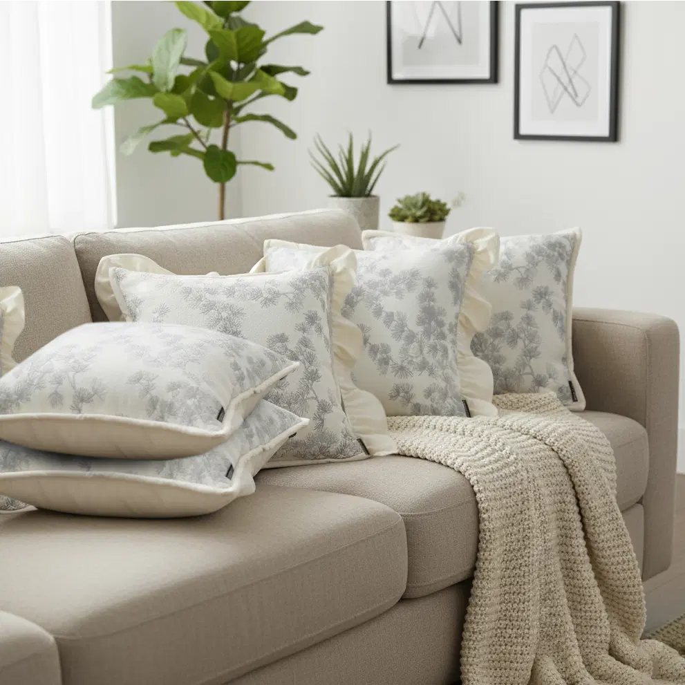 SOGA 6PC Pillowcase Set – 3x White Floral Ruffle Trim & 3x Gray Floral Decorative Pillow Covers (45cm)