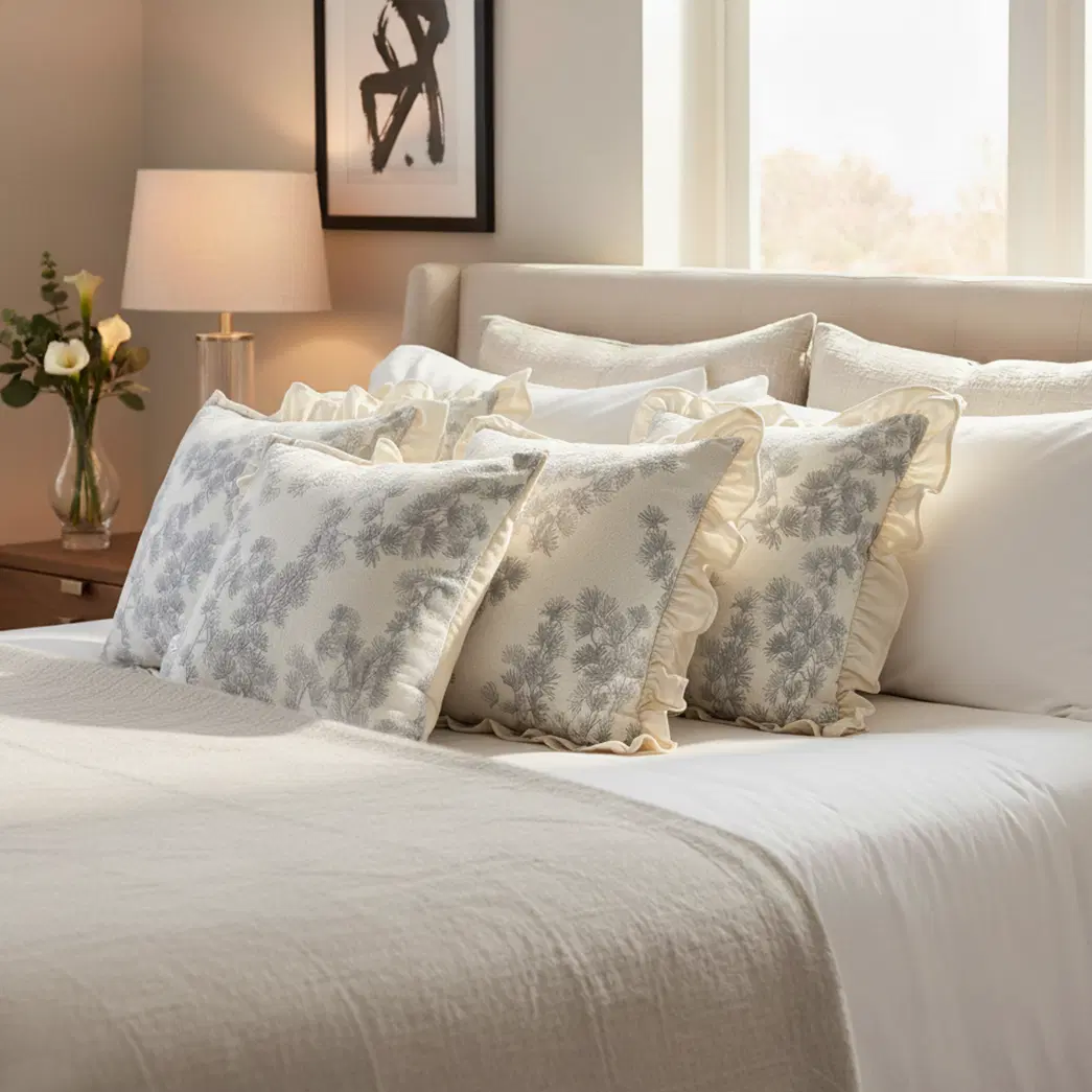 SOGA 6PC Pillowcase Set – 3x White Floral Ruffle Trim & 3x Gray Floral Decorative Pillow Covers (45cm)