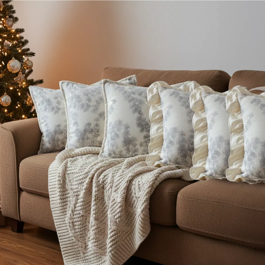SOGA 6PC Pillowcase Set – 3x White Floral Ruffle Trim & 3x Gray Floral Decorative Pillow Covers (45cm)