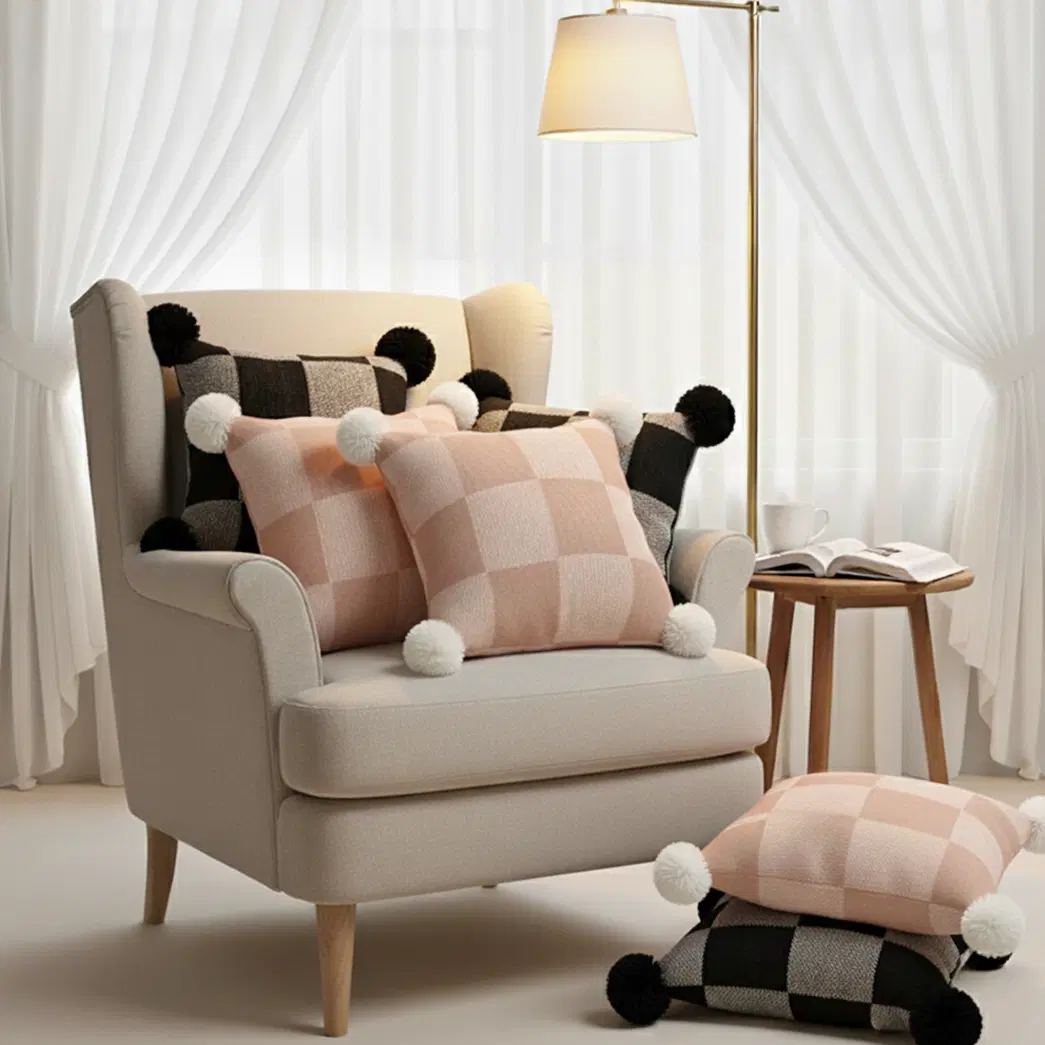 SOGA 6PC Pillowcase Set – Modern Black & Gray Gingham with Pom Poms and Cozy Checkerboard Knit Pillow Covers