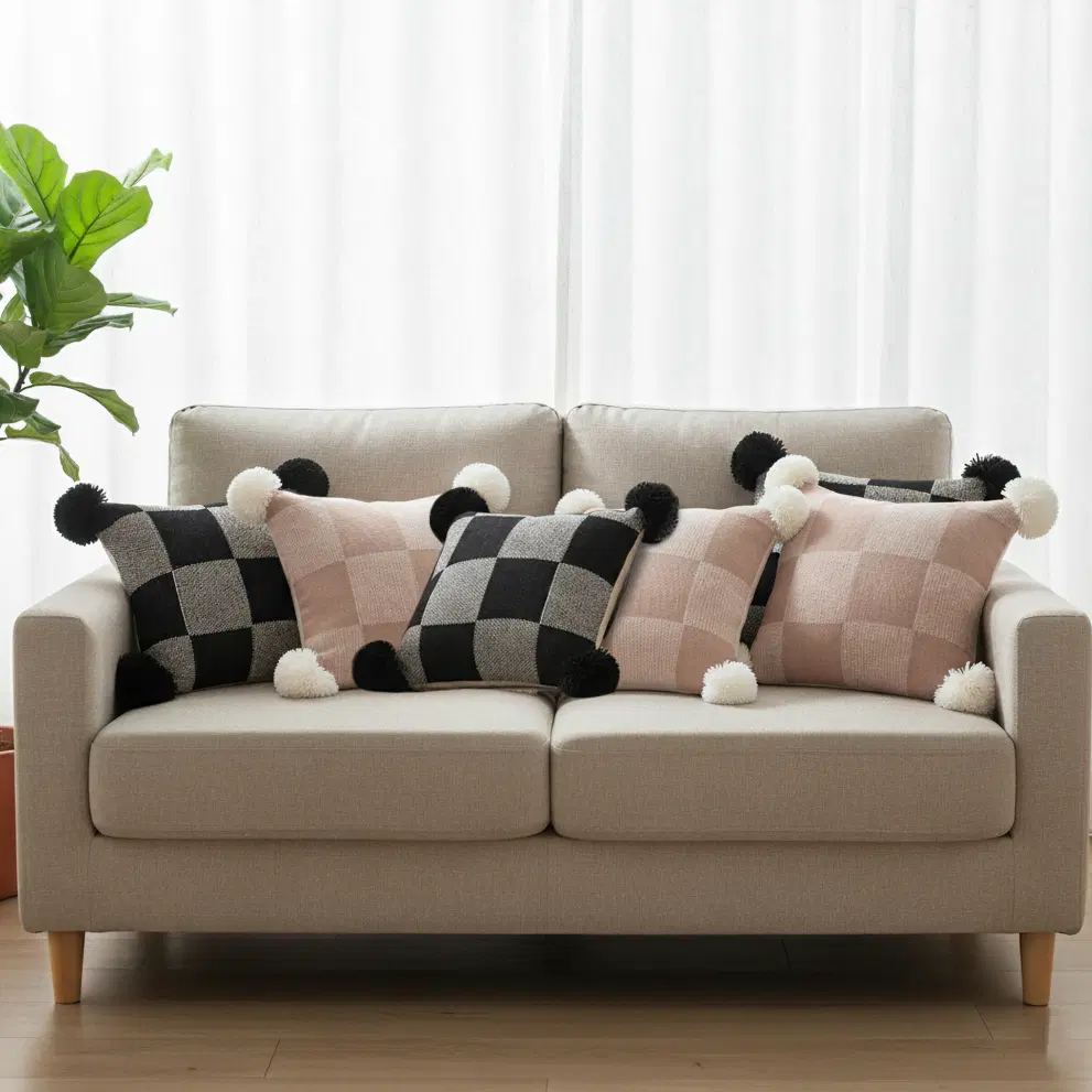 SOGA 6PC Pillowcase Set – Modern Black & Gray Gingham with Pom Poms and Cozy Checkerboard Knit Pillow Covers